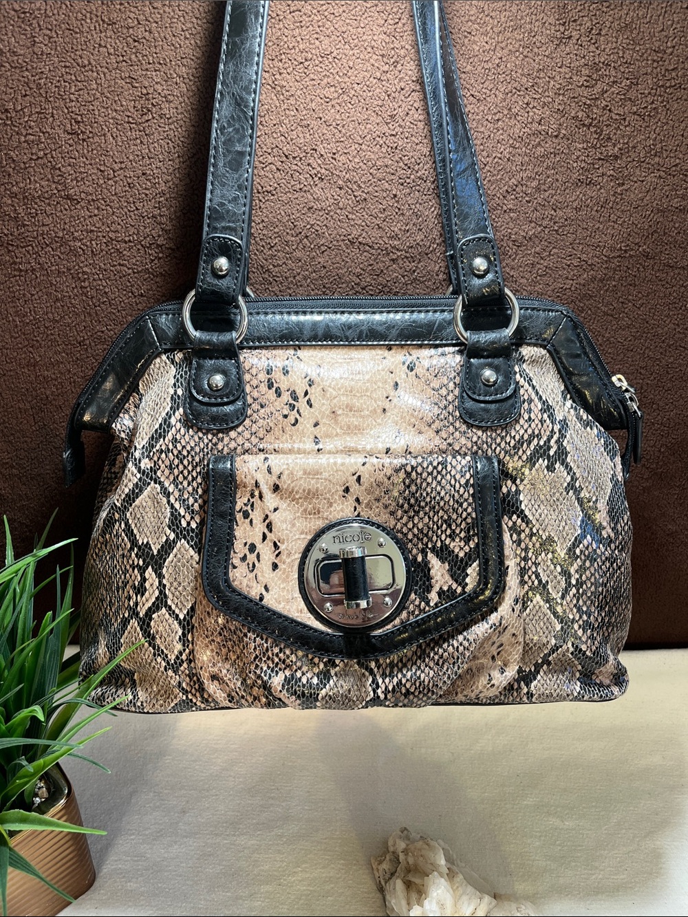 VINTAGE Nicole Miller Snake-Print Shoulder Bag with Black Trim